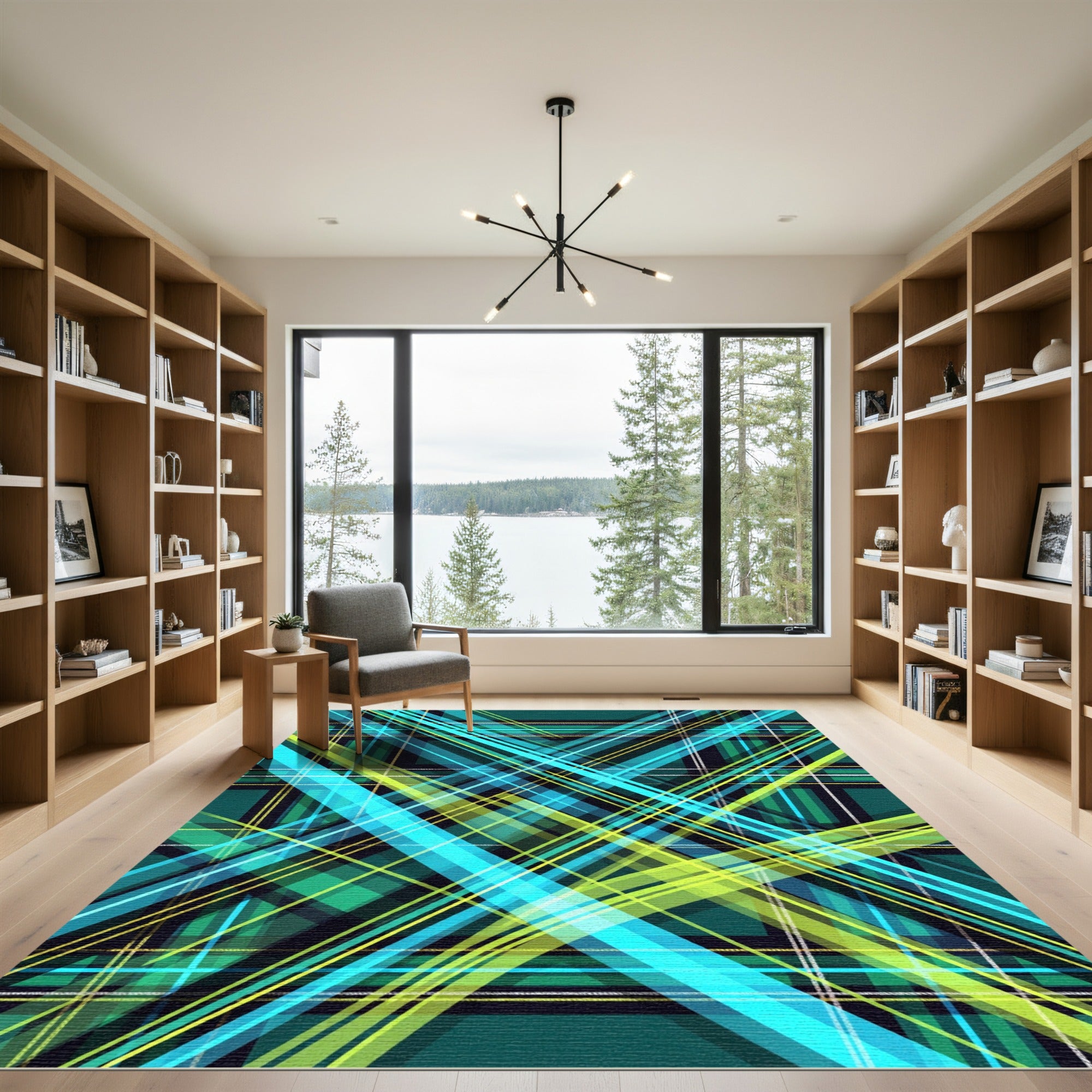 Electric Teal and Lime Plaid Tartan Rug