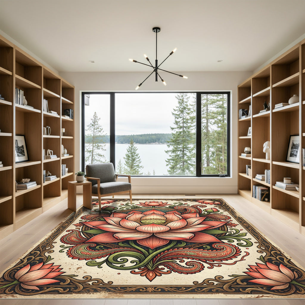 Ornate Pink Lotus Floral Paisley Square Rug