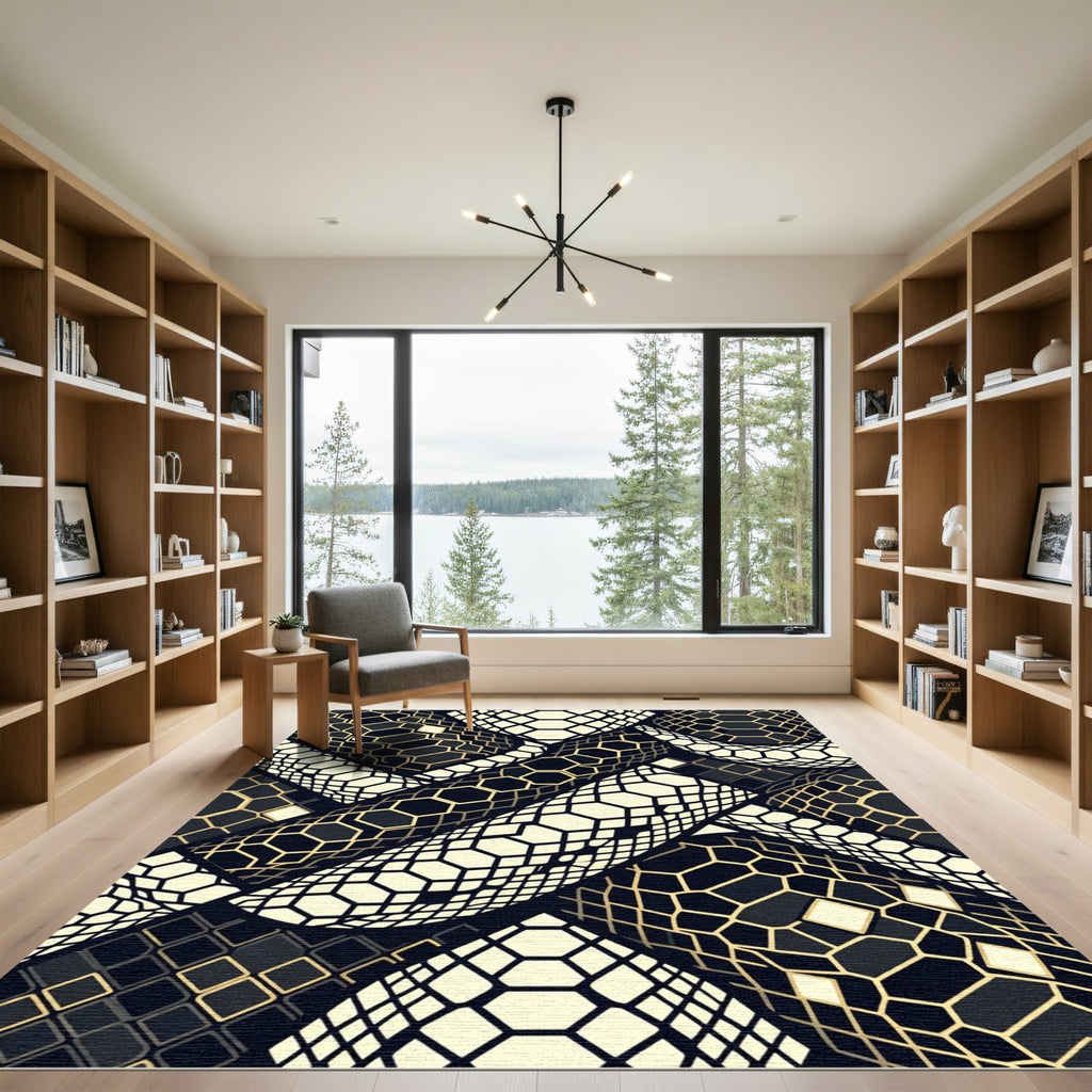 Gold and Black Geometric Hexagon Tile Rug