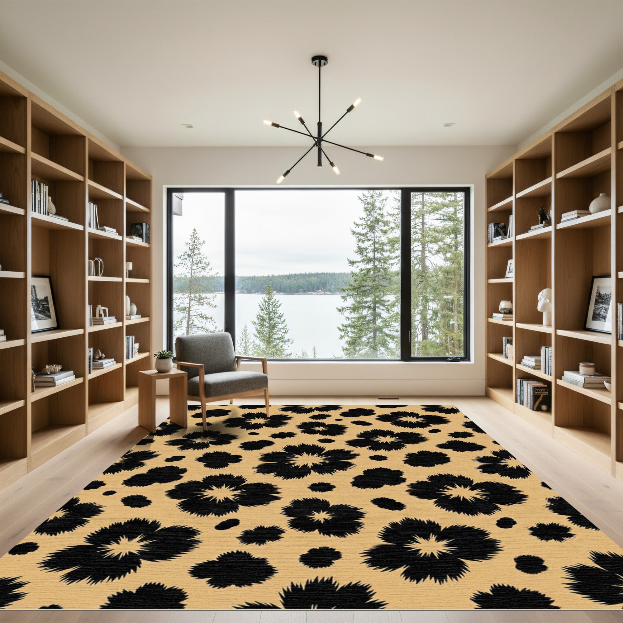 Black Fluffy Floral Beige Ochre Rug