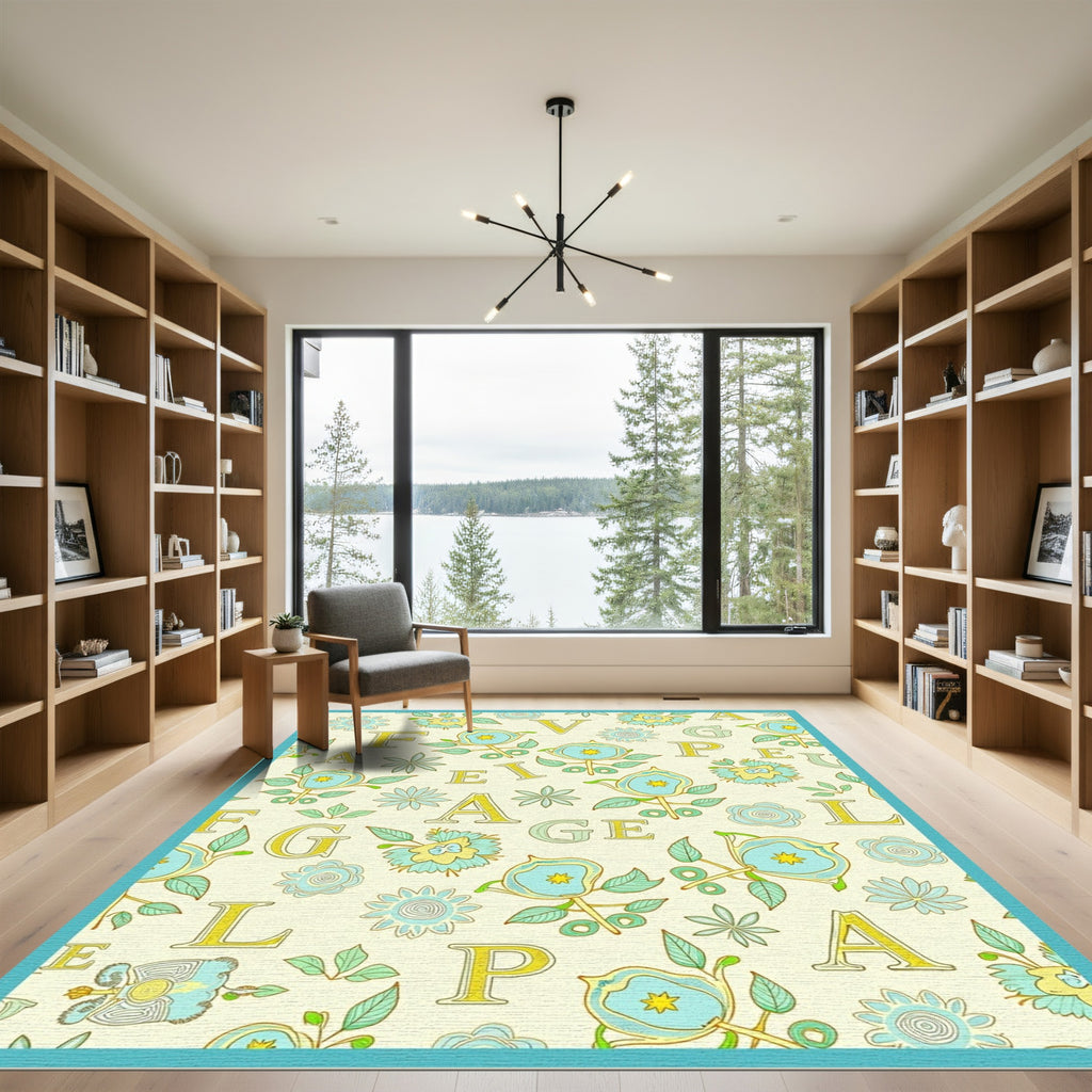 Light Yellow Floral Alphabet Pattern Rug