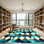 Navy Teal Cream Geometric Diamond Rug
