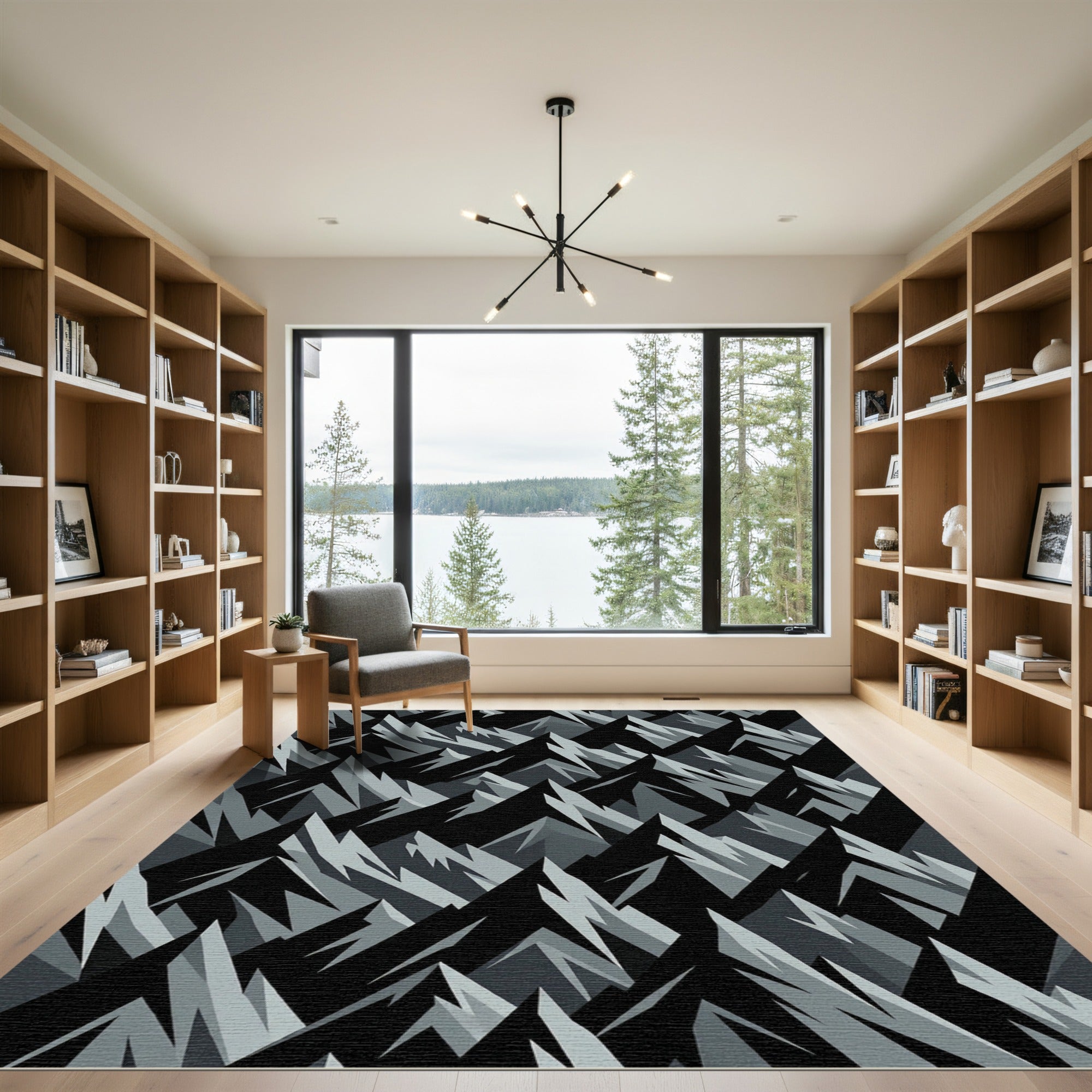 Monochrome Geometric Mountain Peak Abstract Art Rug