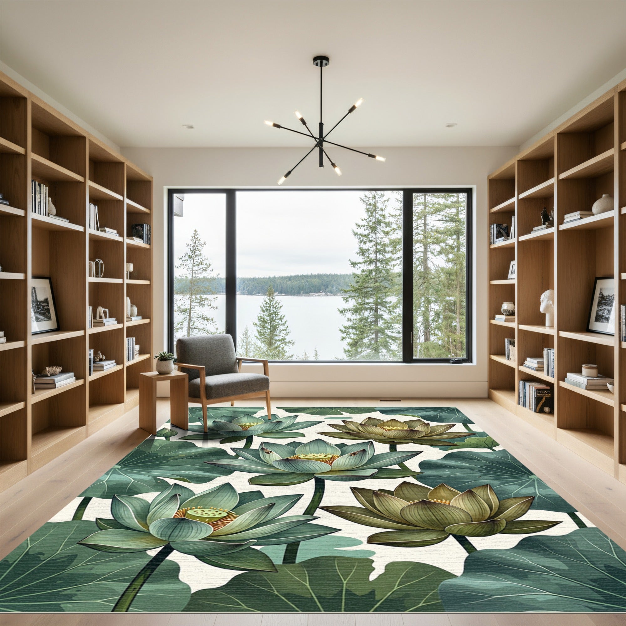 Botanical Sage Lotus Water Lily Garden Rug