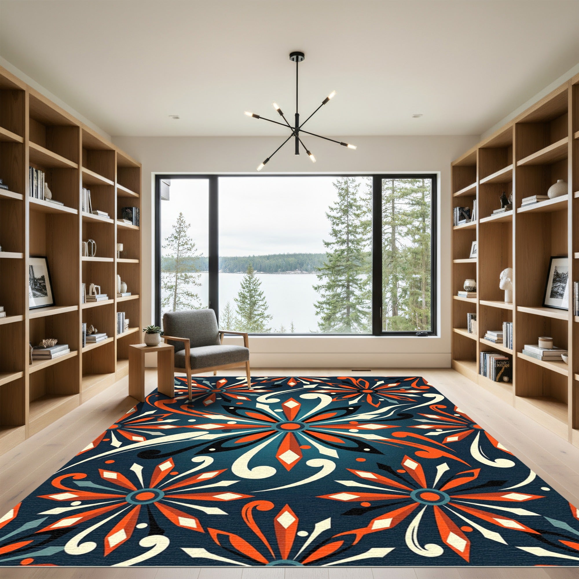 Vibrant Orange Floral Navy Swirls Rug