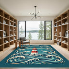 Coastal Red White Lighthouse Amidst Waves Rug