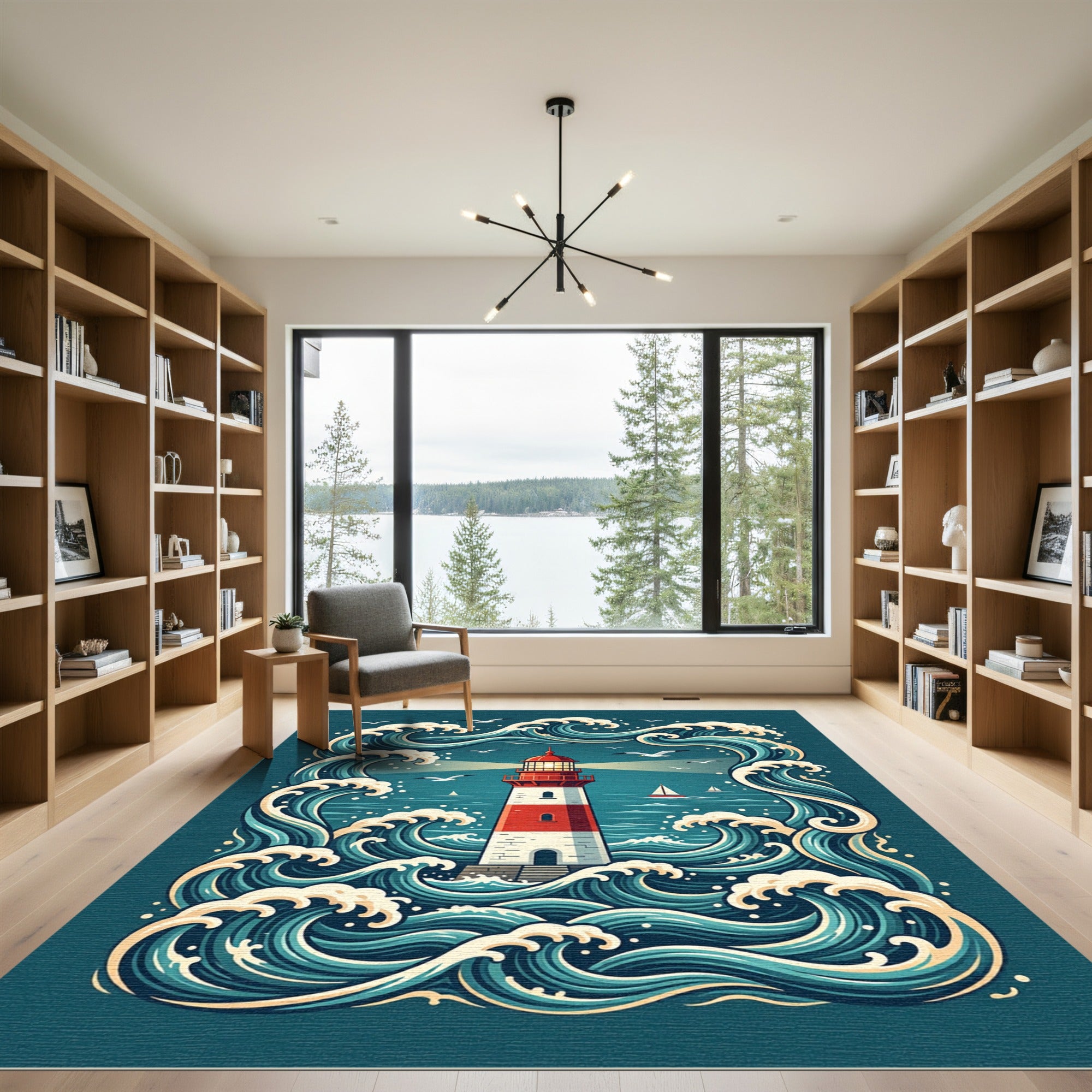 Coastal Red White Lighthouse Amidst Waves Rug