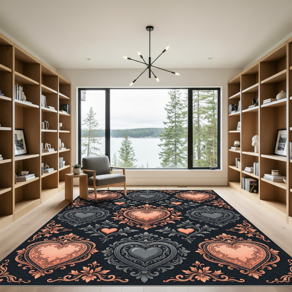Ornate Rose Gold Gray Heart Medallions Rug