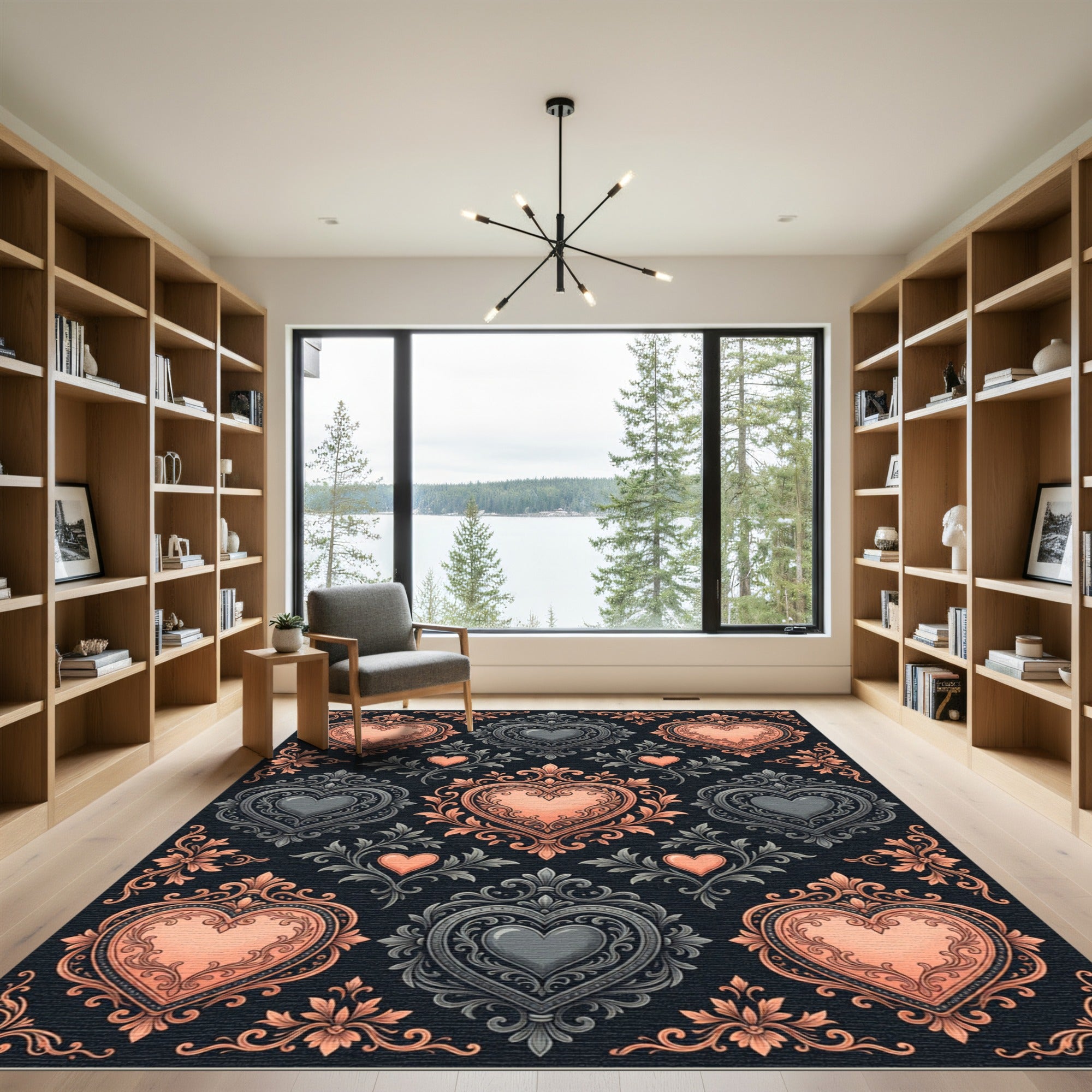 Ornate Rose Gold Gray Heart Medallions Rug