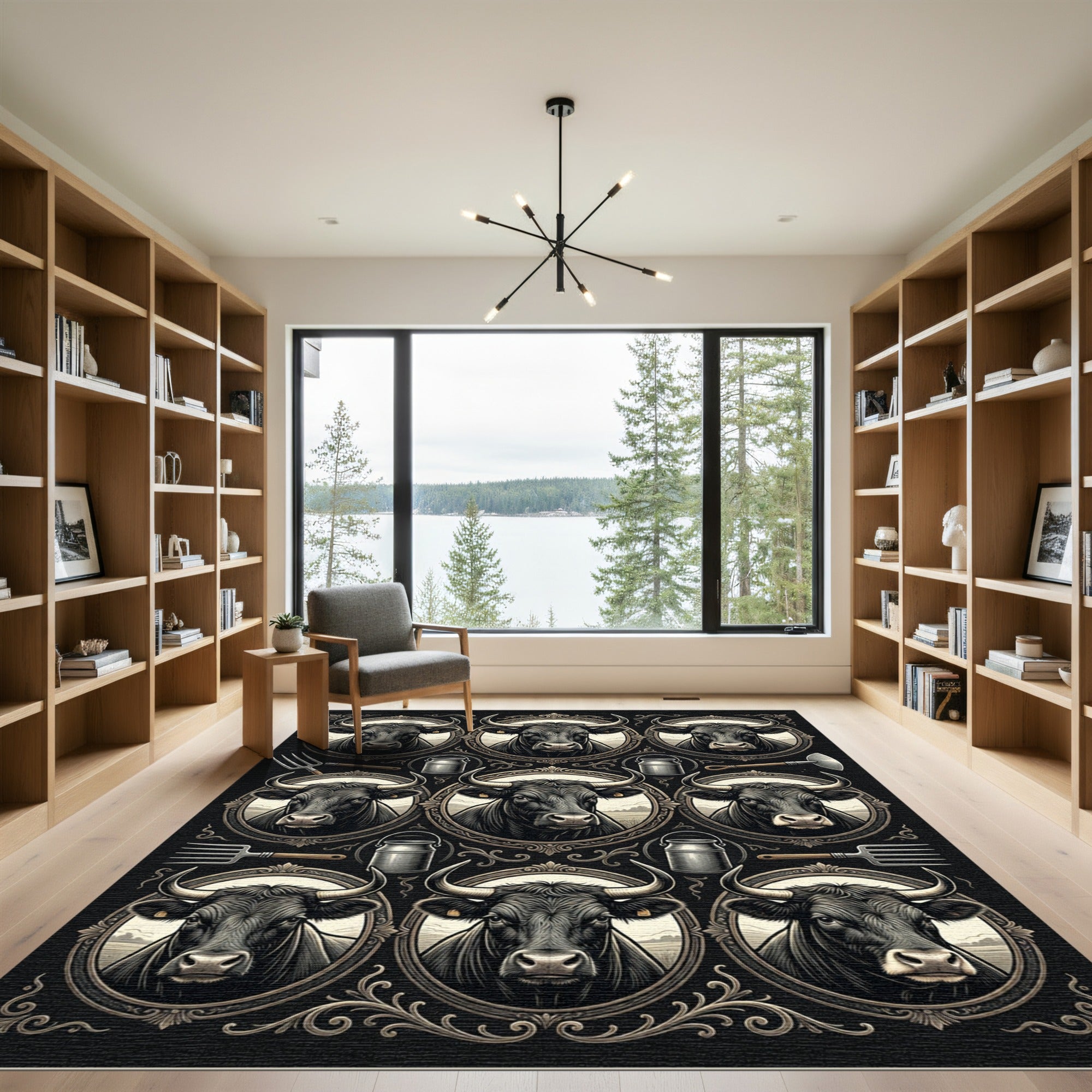 Rustic Black Bull Farmhouse Frame Rug