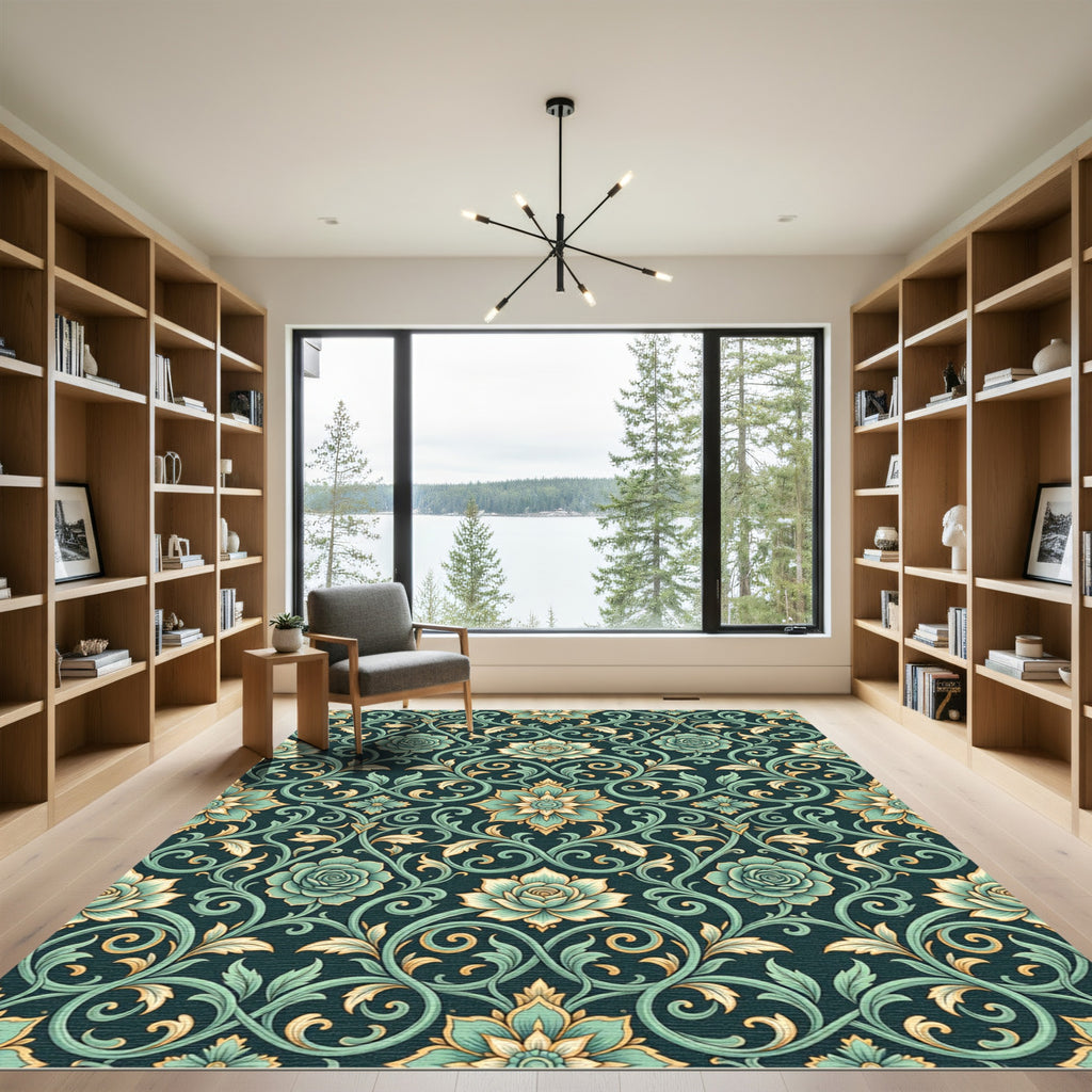 Teal Floral Scrollwork Background Rug