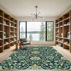 Teal Floral Scrollwork Background Rug