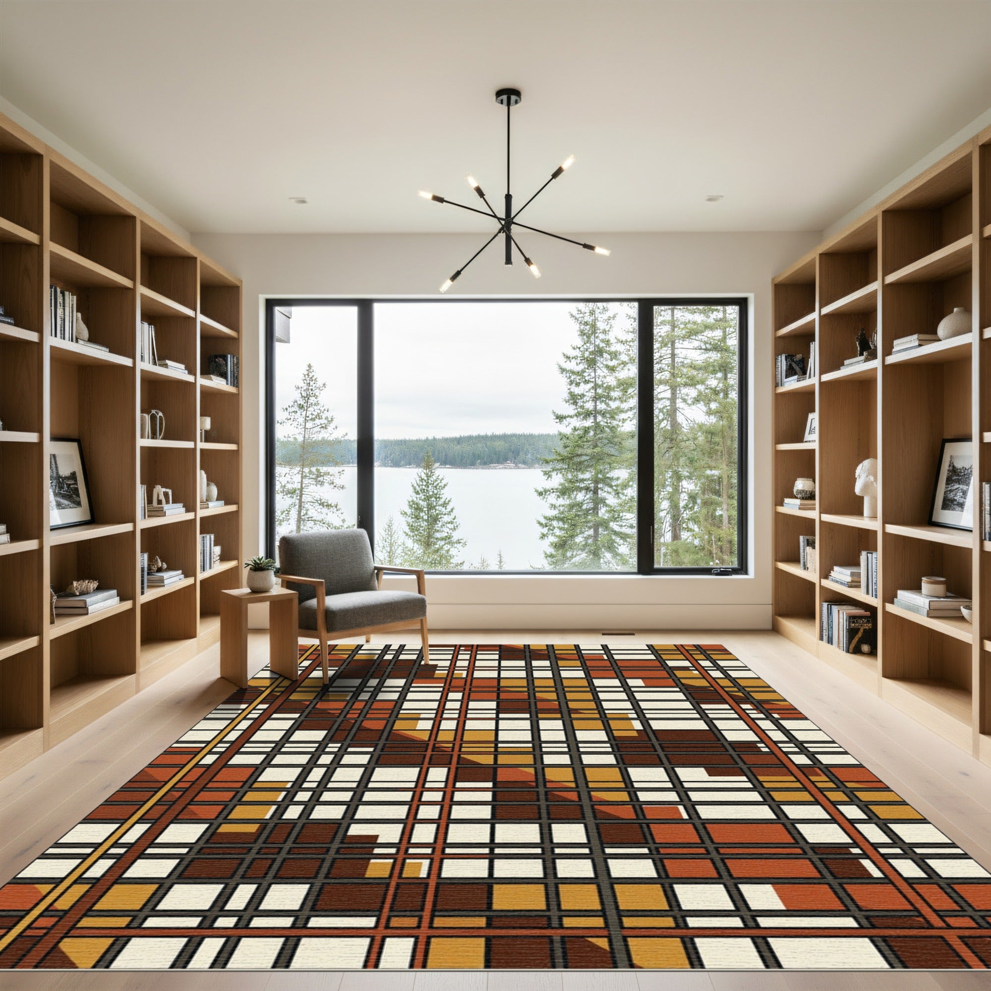Mid-century Modern Ochre Grid Earthy Rug