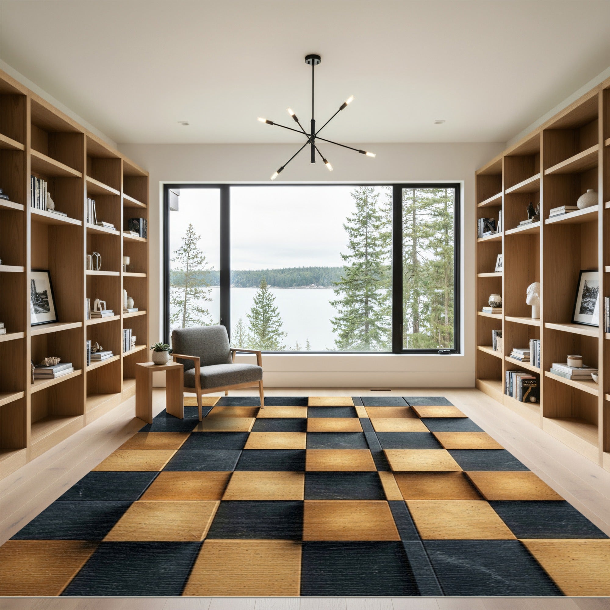 Checkerboard Gold Black Textured Squares Rug