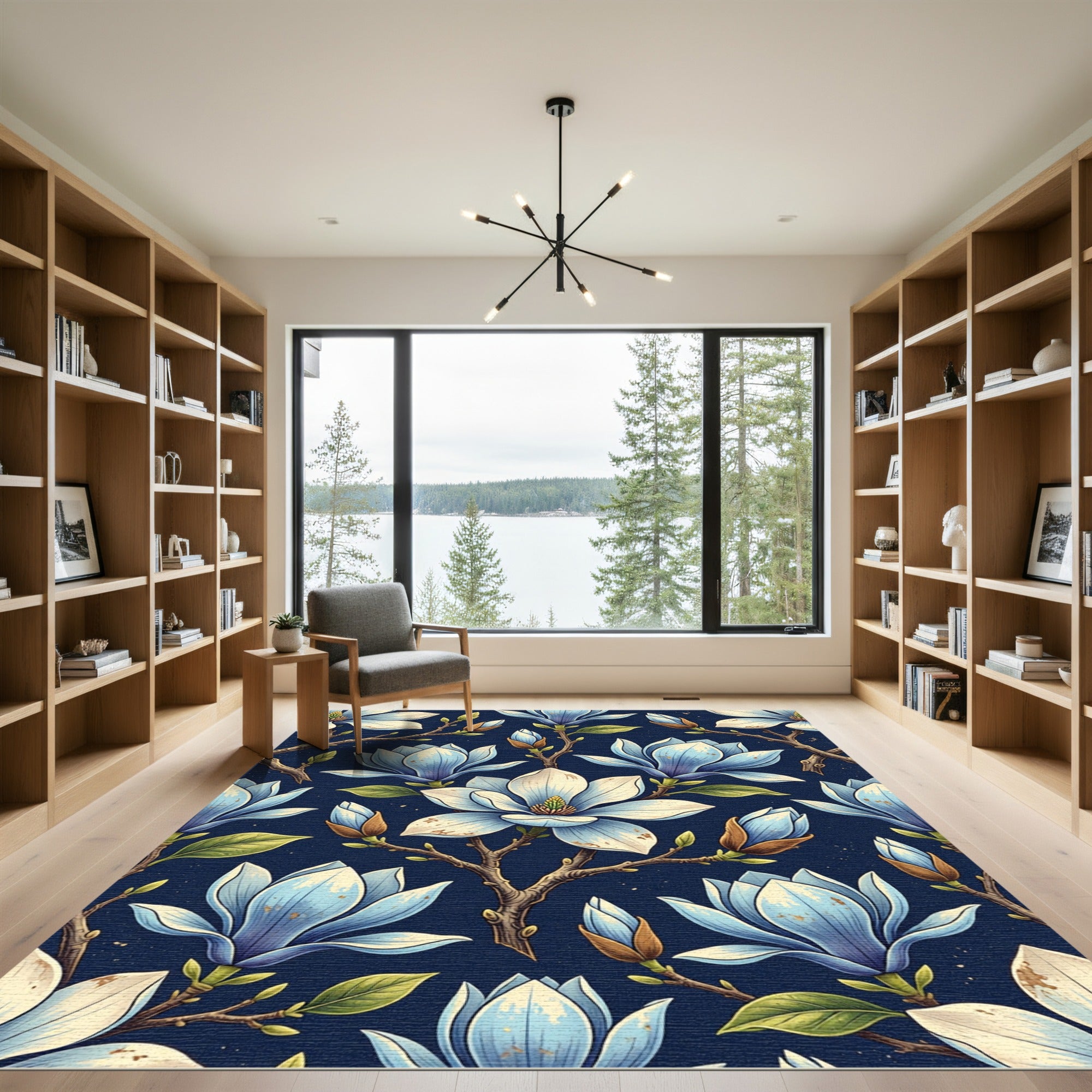 Navy Blue Floral Branch Magnolia Rug