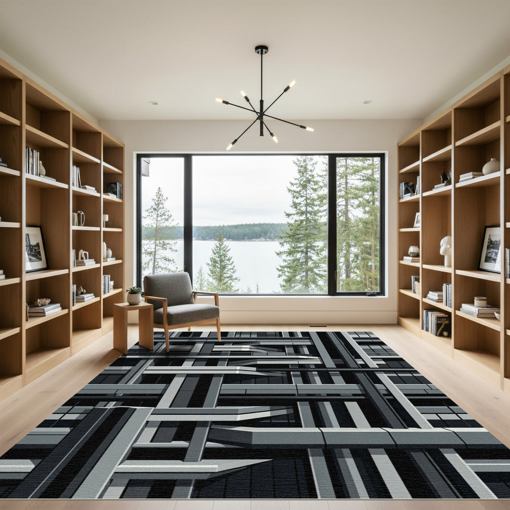 Monochromatic Geometric Architectural Grid Rug