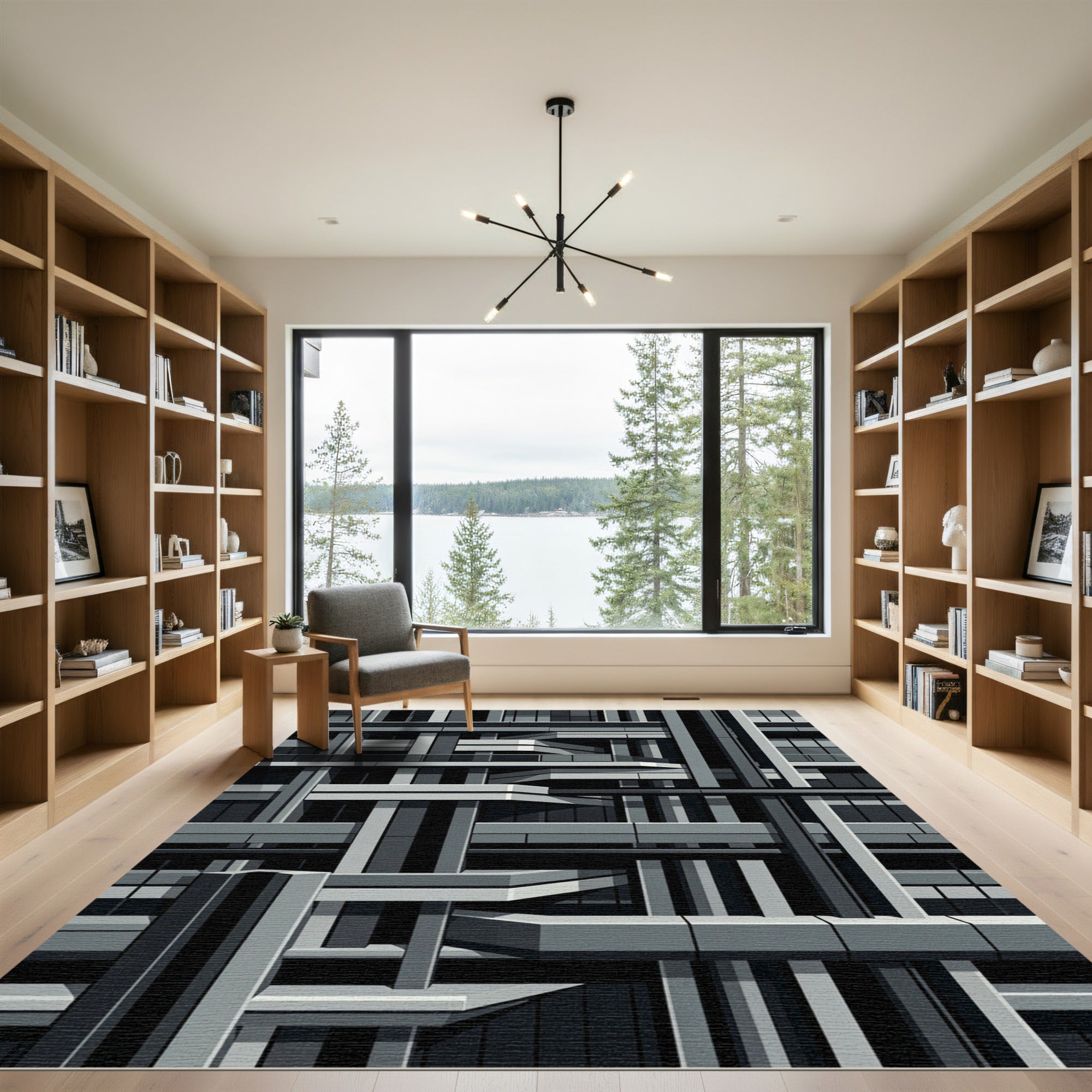 Monochromatic Geometric Architectural Grid Rug
