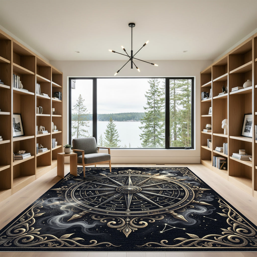 Celestial Golden Compass Zodiac Medallion Rug