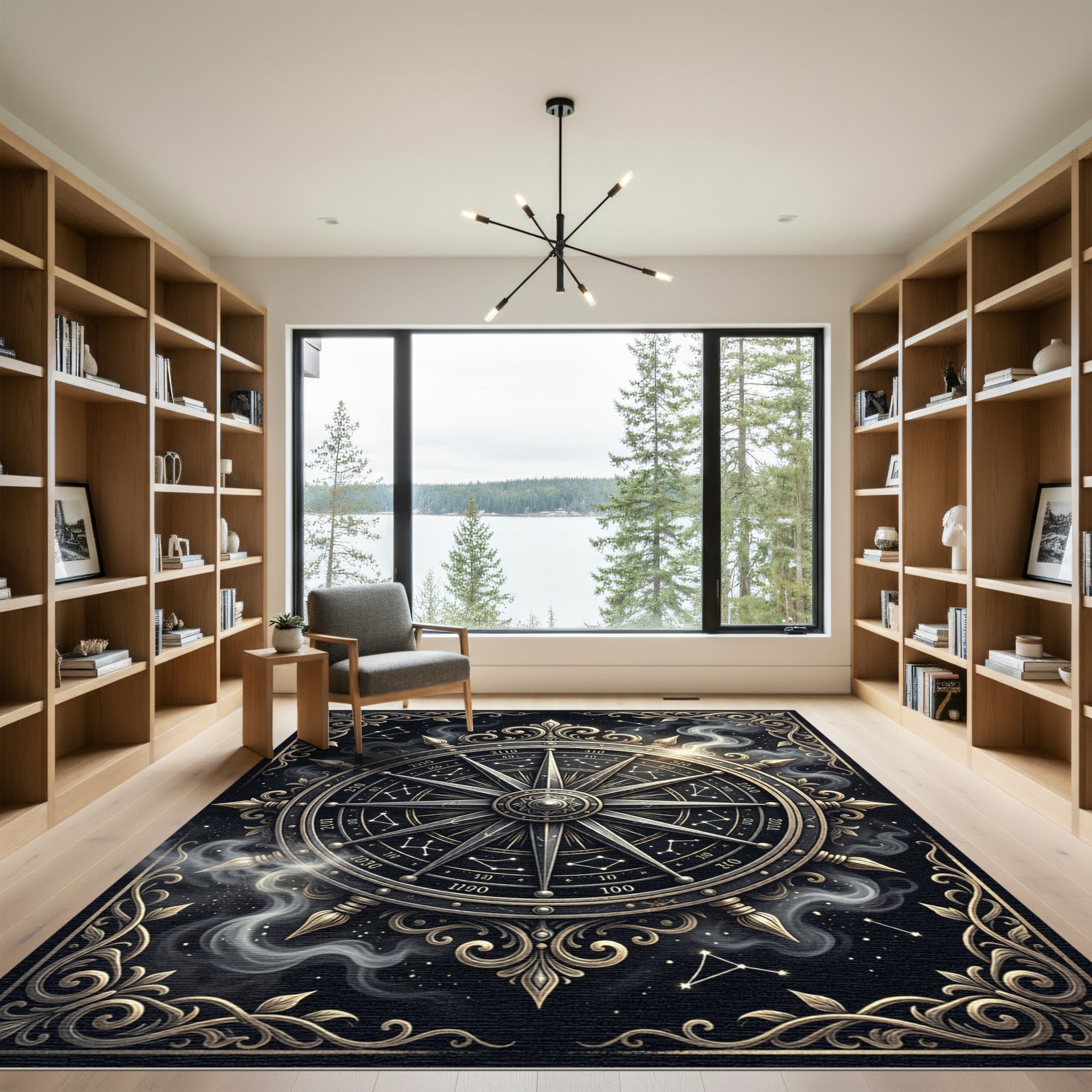 Celestial Golden Compass Zodiac Medallion Rug