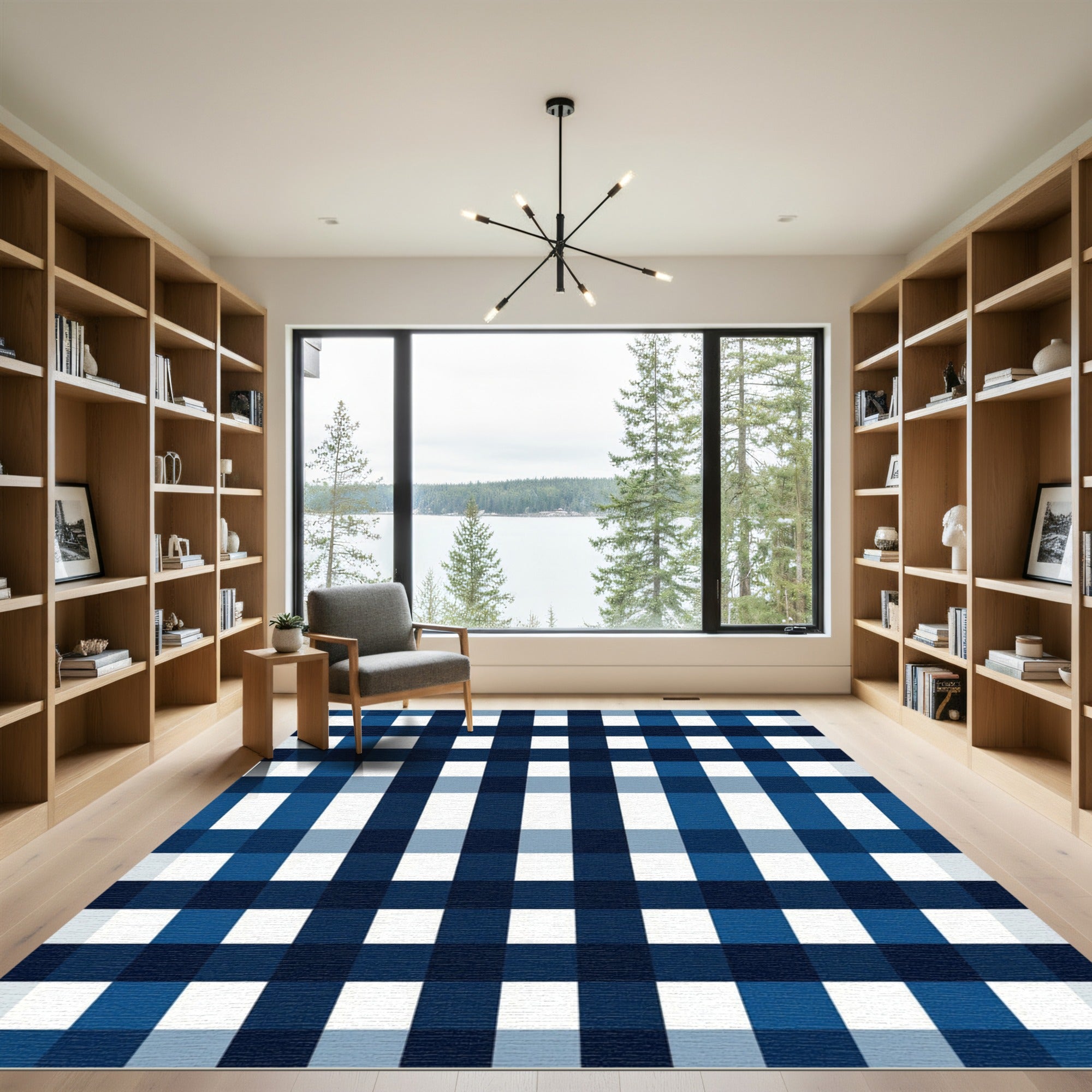 Classic Navy Blue Gingham Checkered Grid Rug