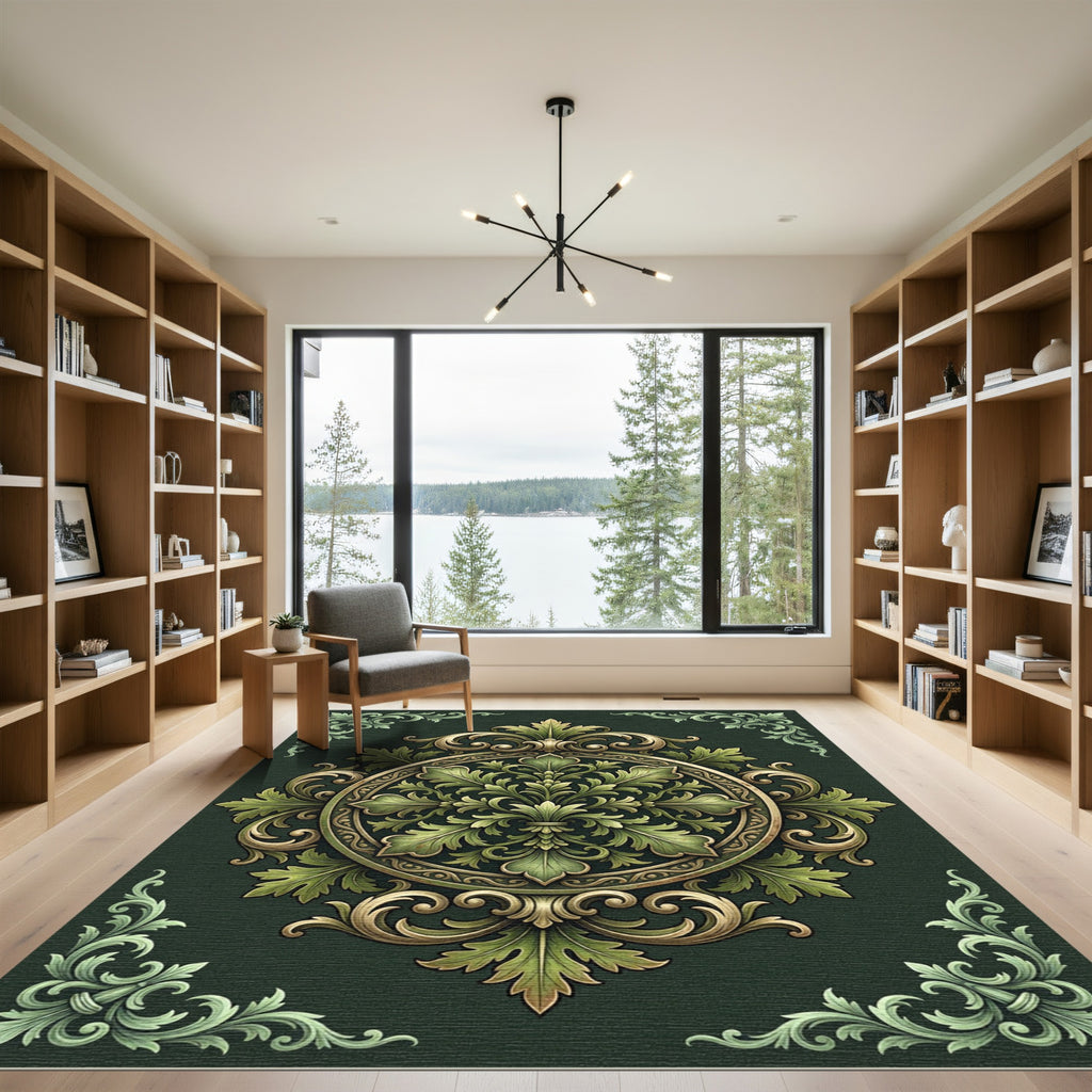 Ornate Green and Gold Acanthus Medallion Rug