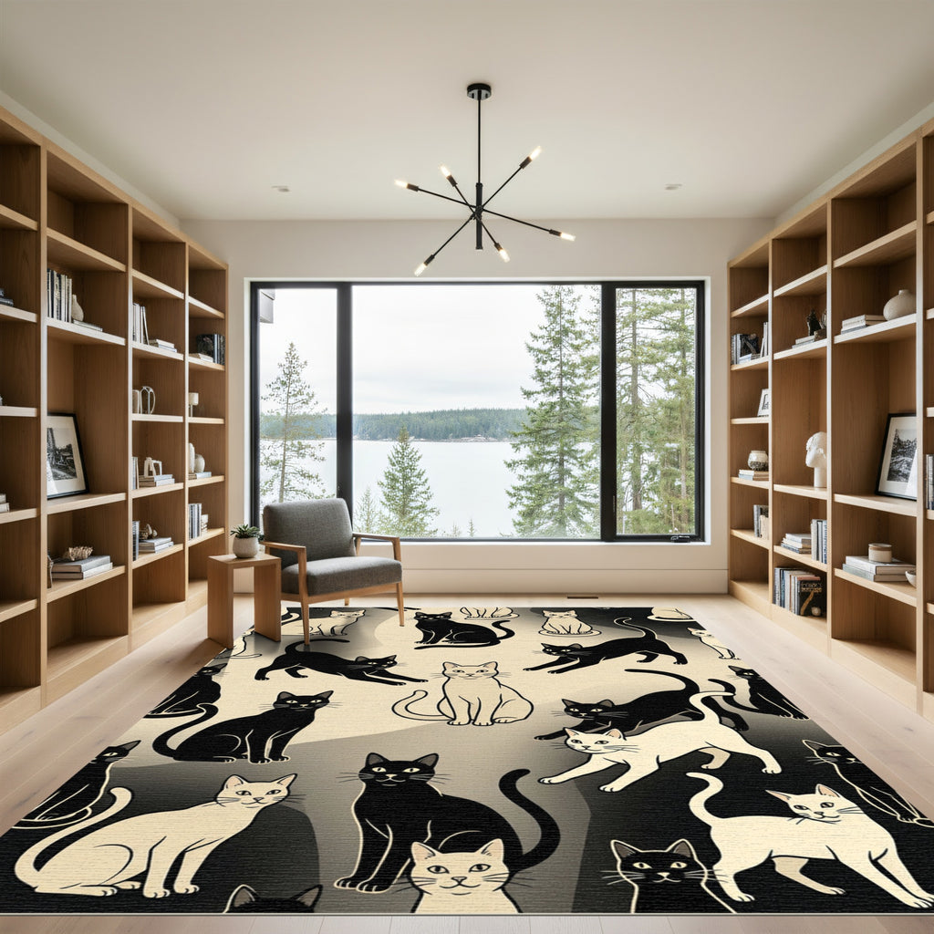 Minimalist Black and White Cat Illustration Rug
