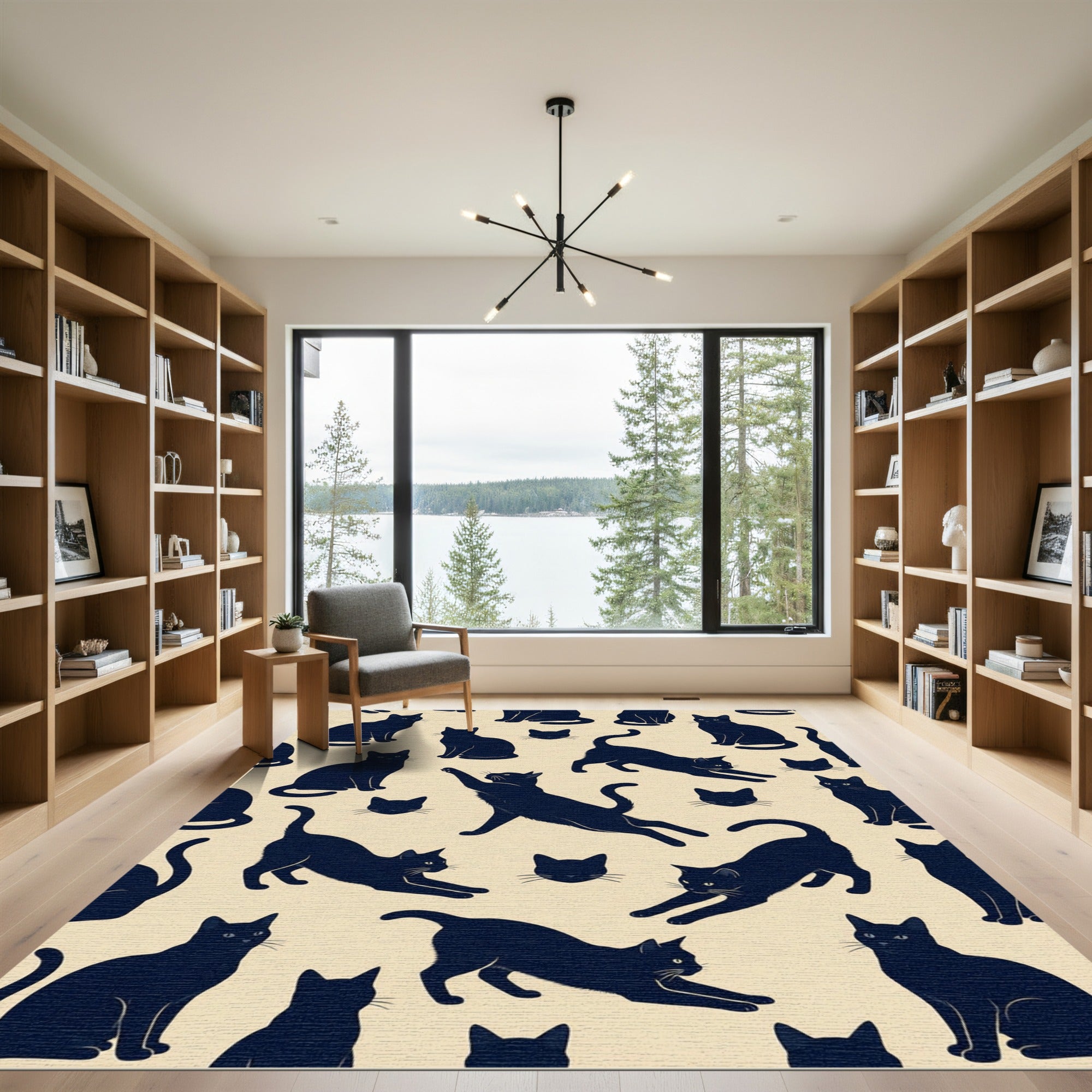 Whimsical Midnight Black Cat Illustration Rug