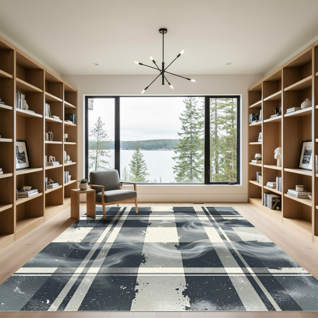 Smoky Charcoal Plaid Abstract Grid Rug