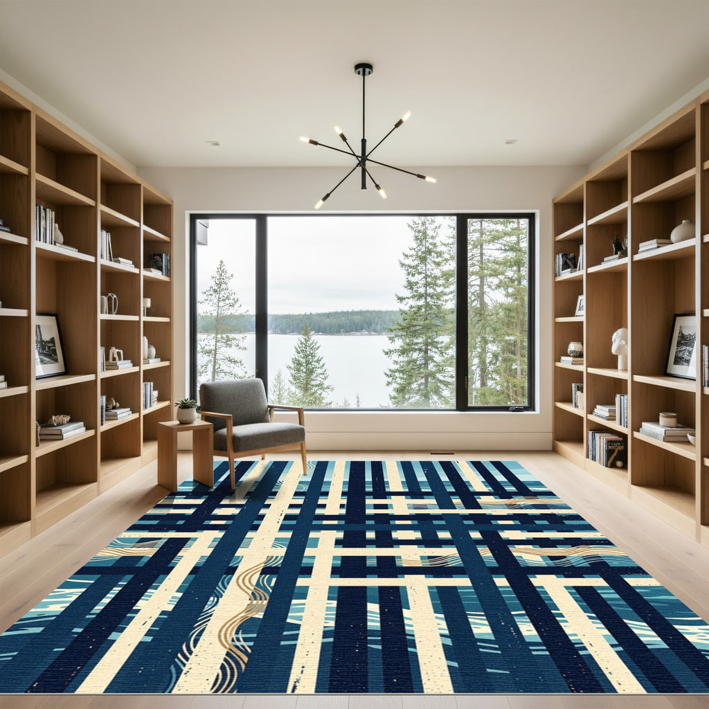 Abstract Navy Cream Geometric Grid Wave Rug