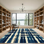Abstract Navy Cream Geometric Grid Wave Rug