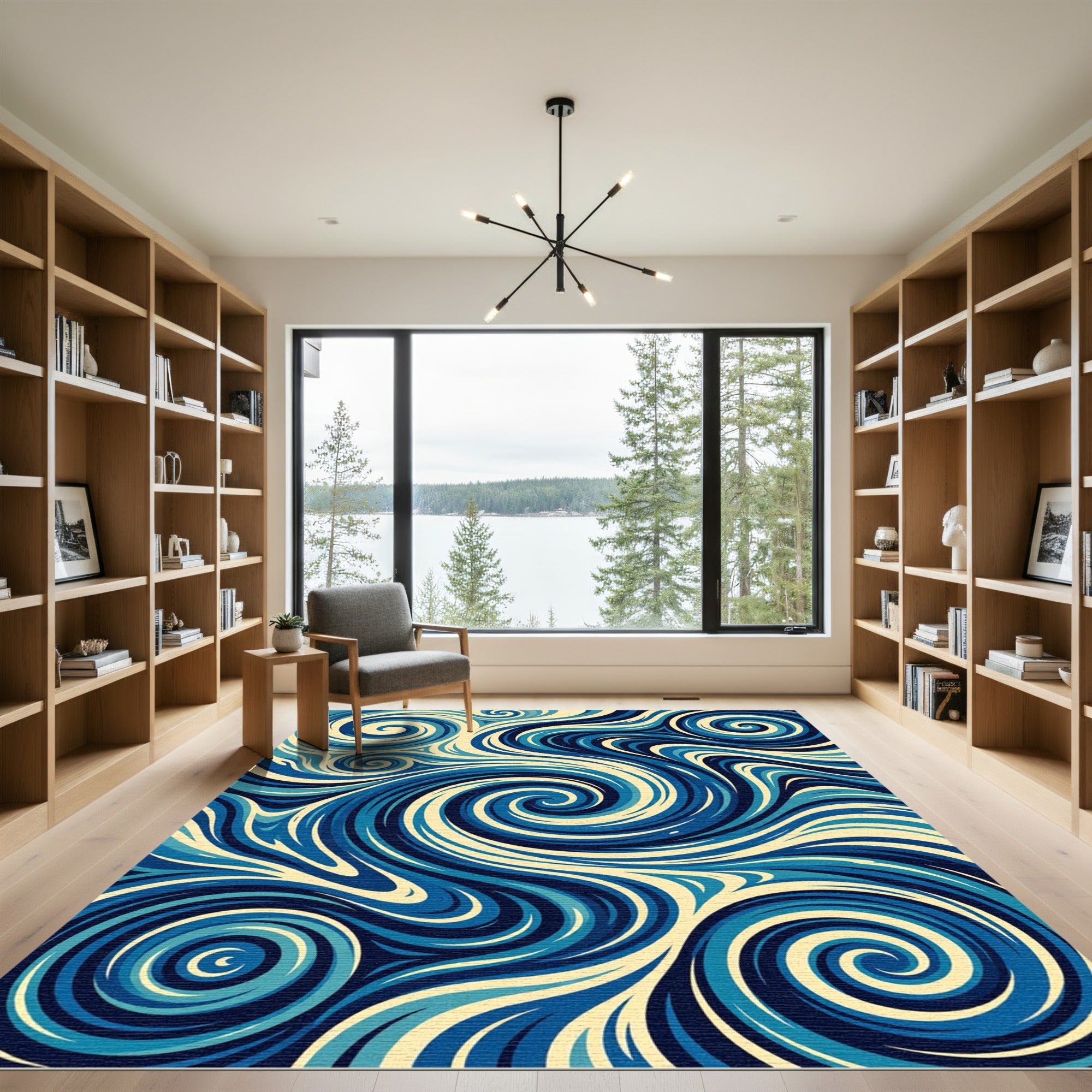 Swirling Blue Cream Oceanic Waves Rug