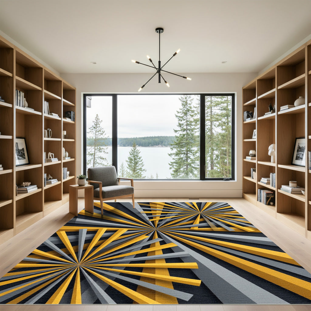 Bold Yellow Gray Sunburst Rays Rug