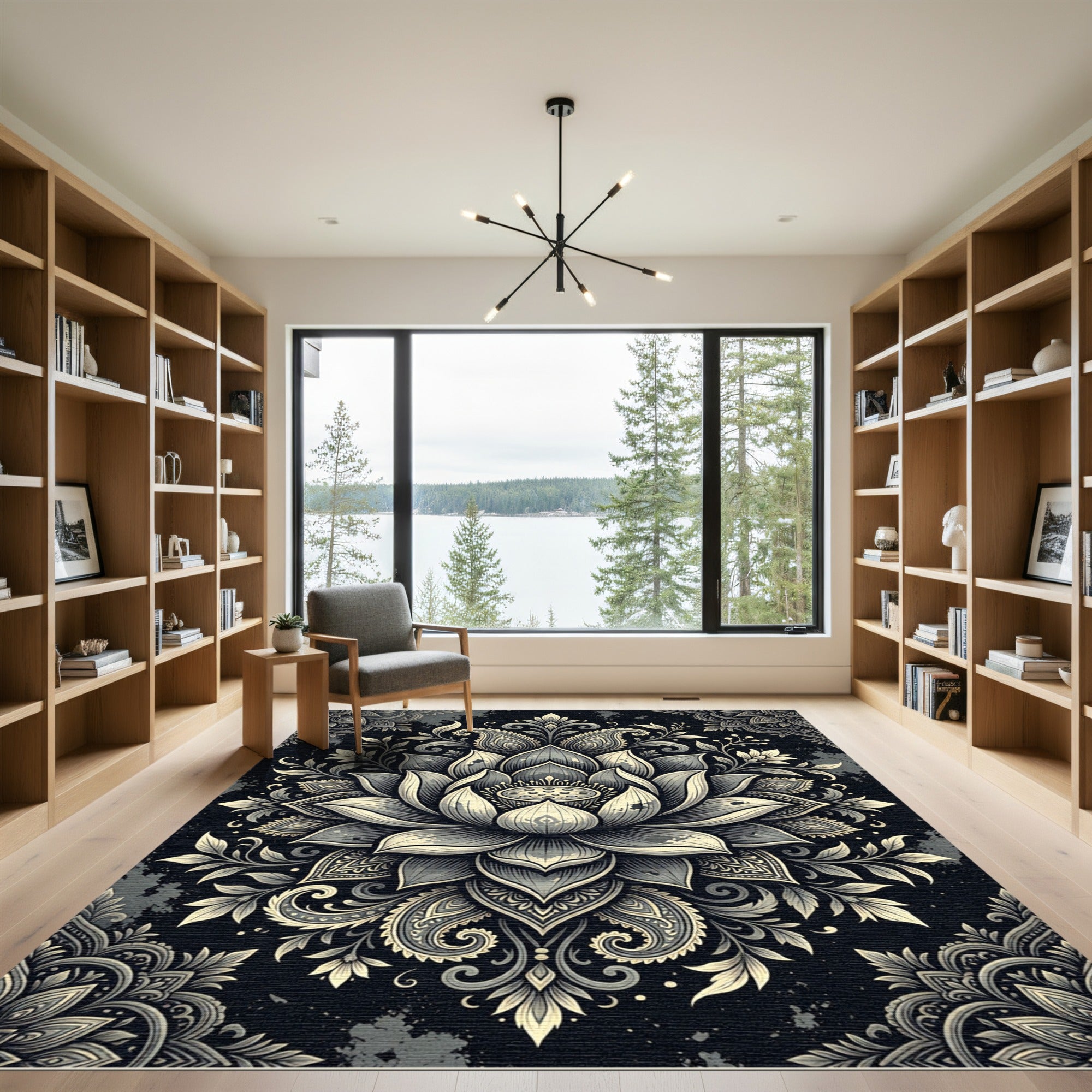 Elegant Charcoal Monochrome Lotus Bloom Rug