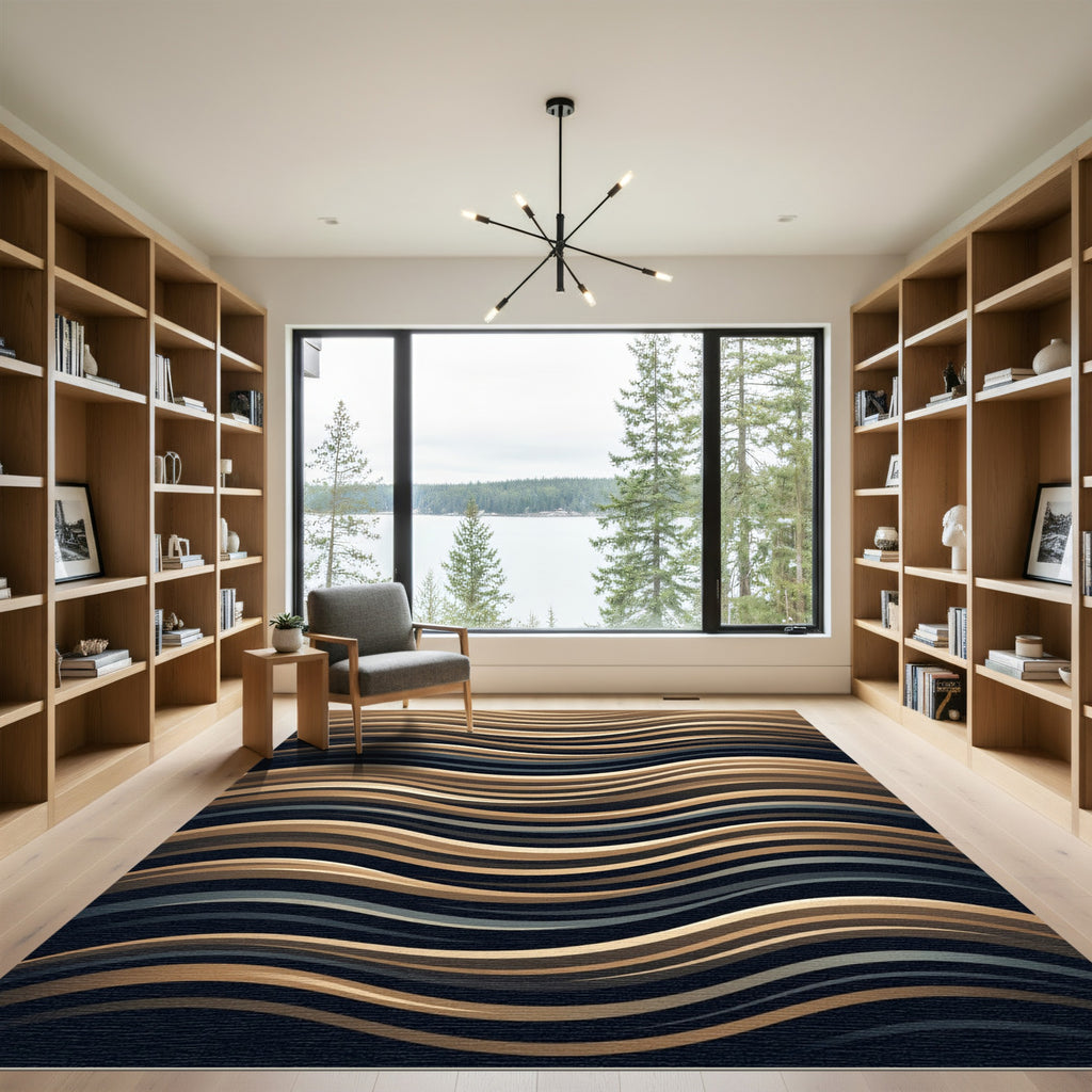 Modern Bronze Abstract Wavy Line Rug