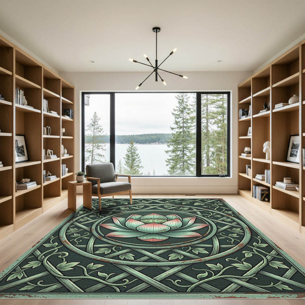 Vintage Sage Green Lotus Lattice Medallion Rug