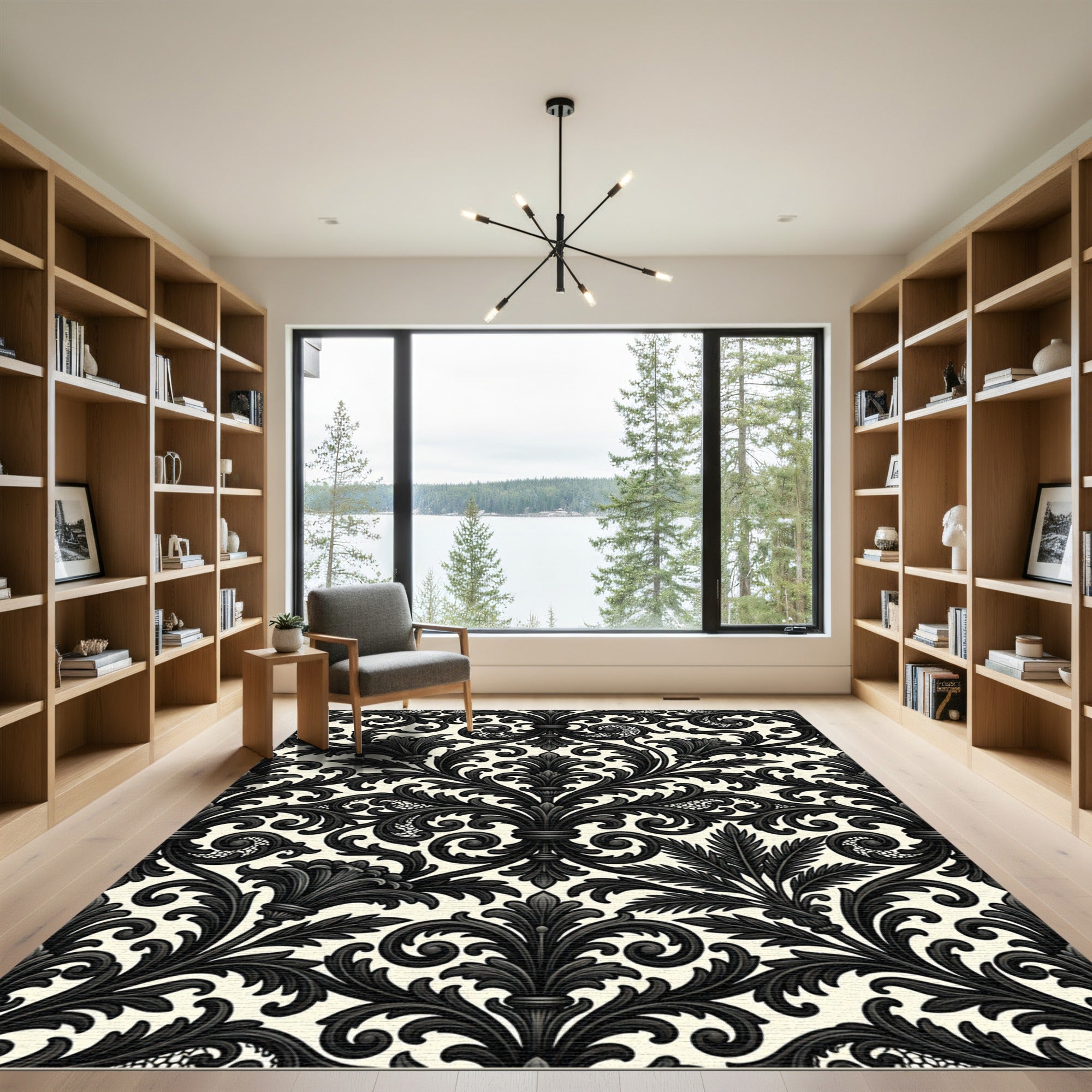 Black Ivory Ornate Damask Rug