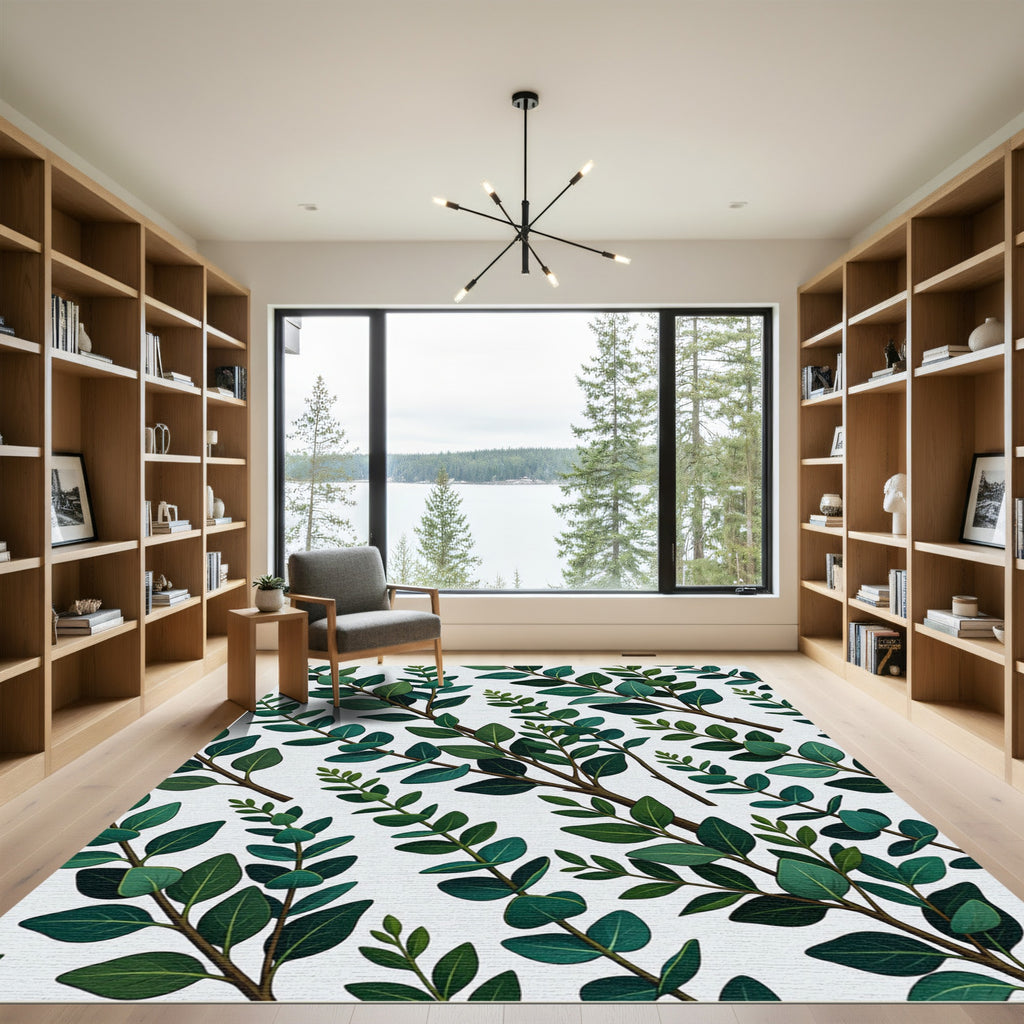 Dark Green Leafy Branch Pattern Rug