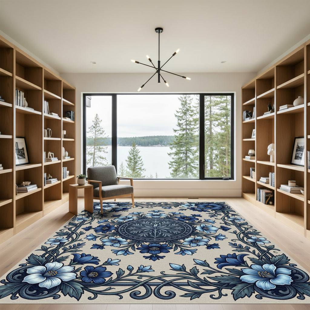 Botanical Blue Floral Medallion Scroll Rug