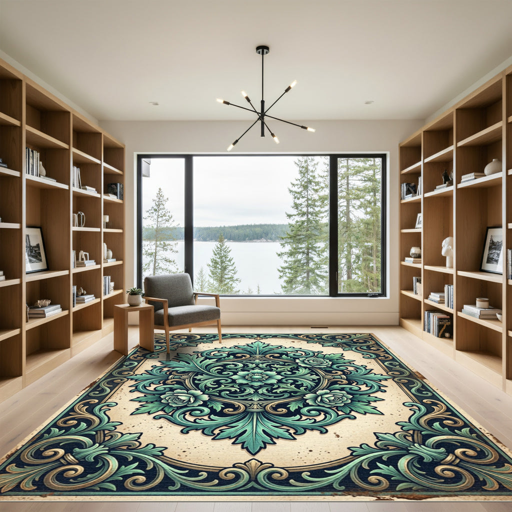 Vintage Teal Floral Damask Medallion Rug
