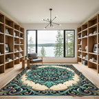 Vintage Teal Floral Damask Medallion Rug