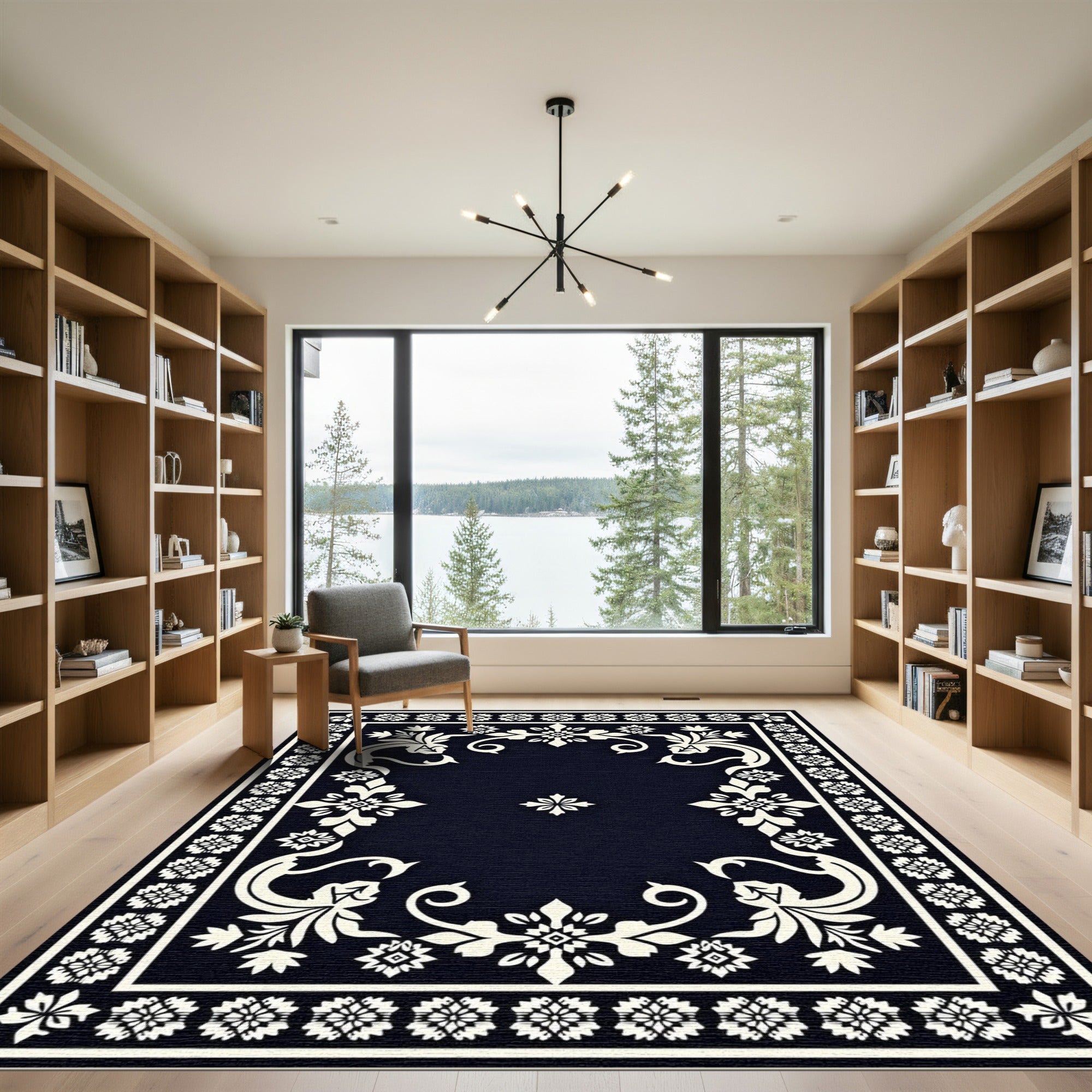 Cream Floral Medallion Indigo Border Rug