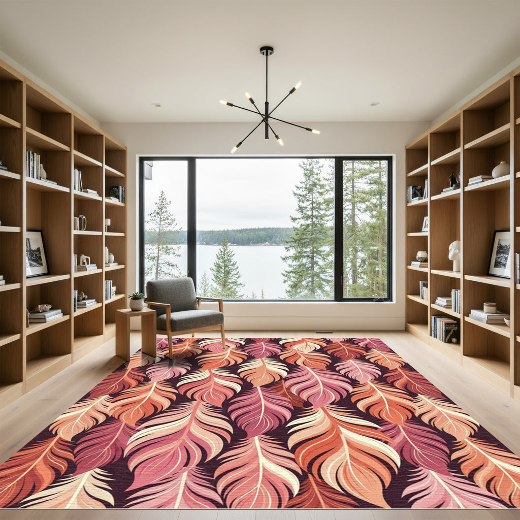 Warm Boho Feather Leaf Composition Rug