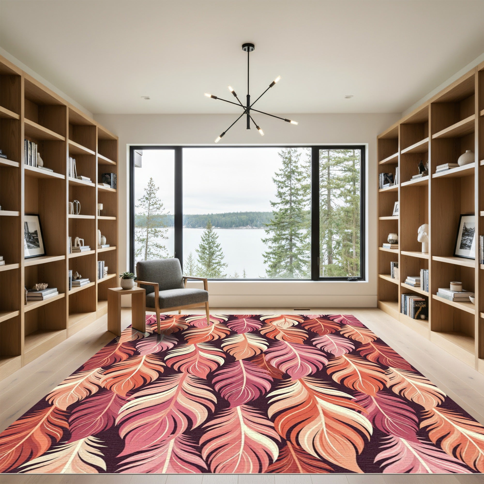 Warm Boho Feather Leaf Composition Rug