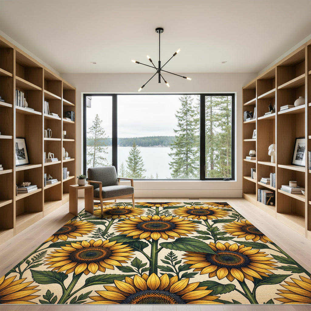 Sunny Golden Sunflower Botanical Illustration Rug
