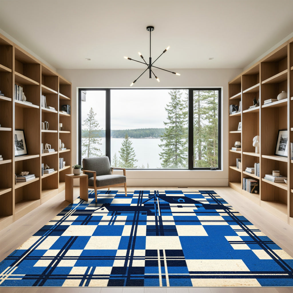 Blue Plaid Houses Abstract Rug