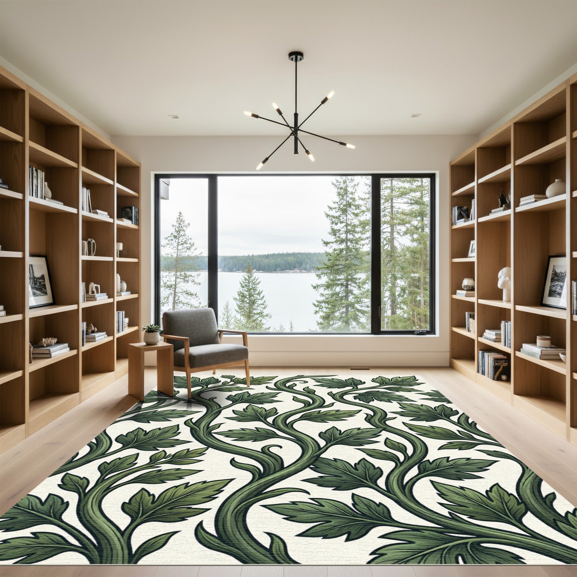 Lush Green Vine Leaf Scroll Rug