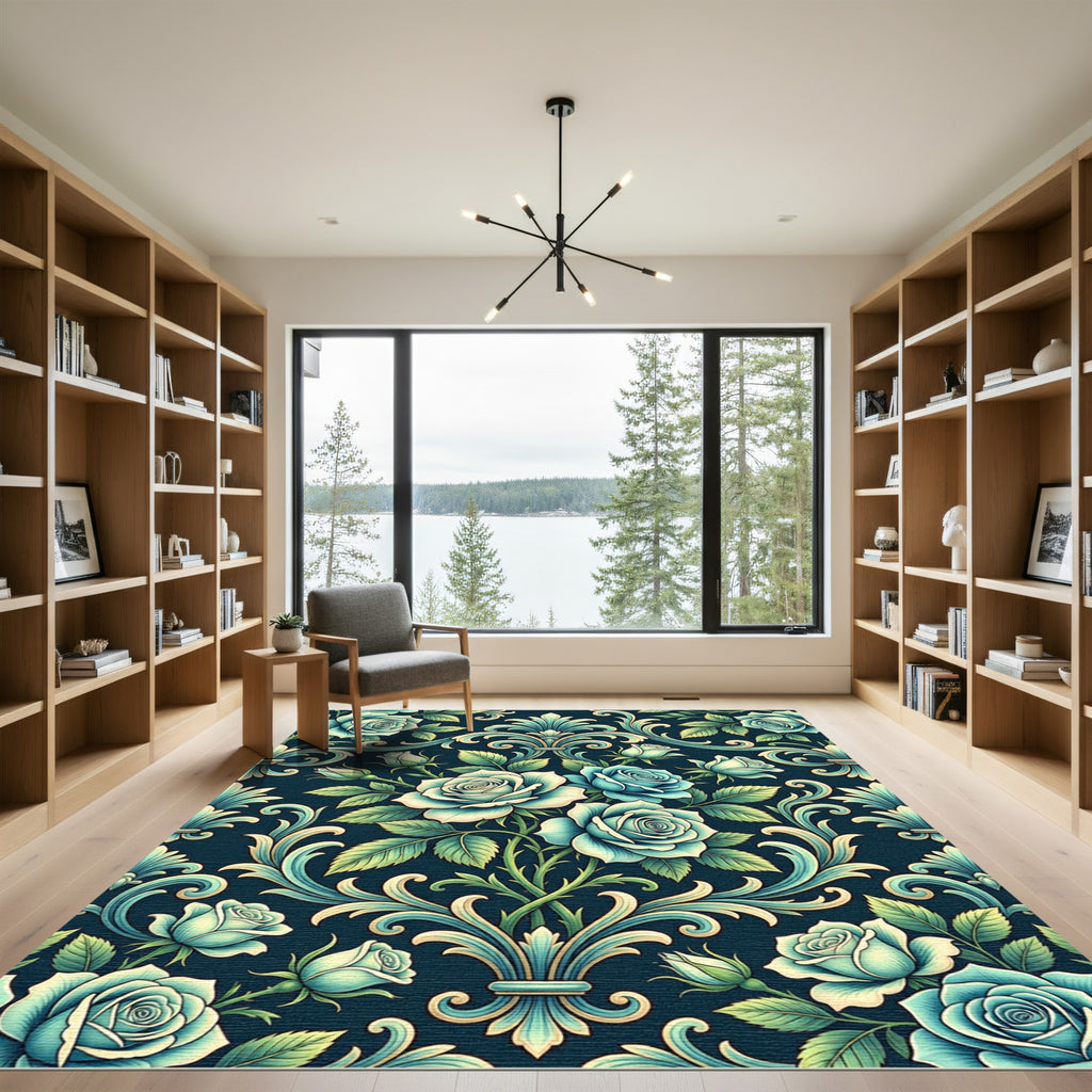Elegant Teal Rose Damask Filigree Rug