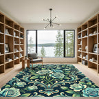 Elegant Teal Rose Damask Filigree Rug
