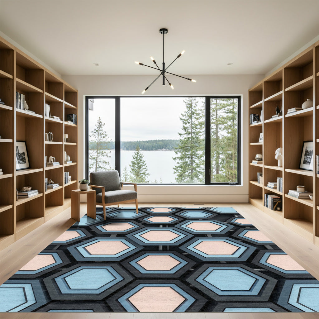 Gray Blue Peach Hexagon Grid Rug