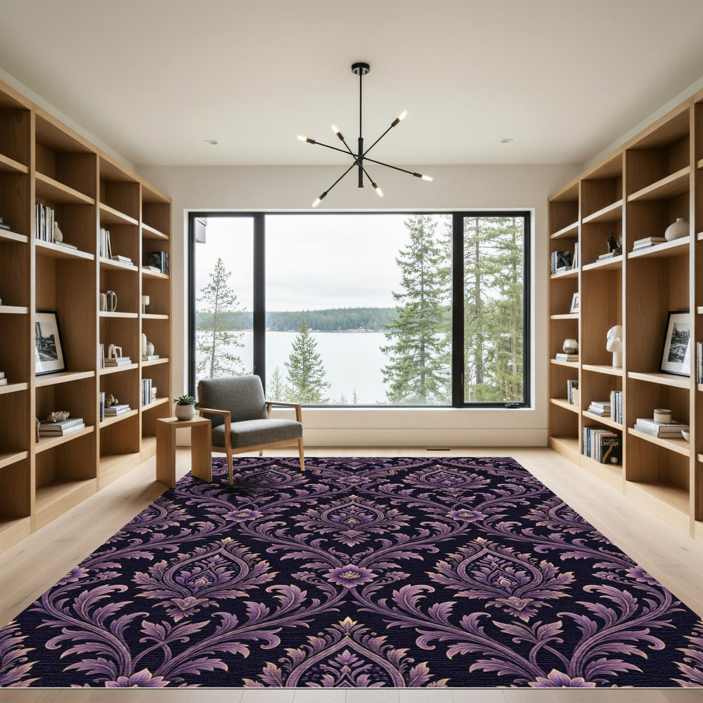 Regal Purple Damask Floral Scroll Rug